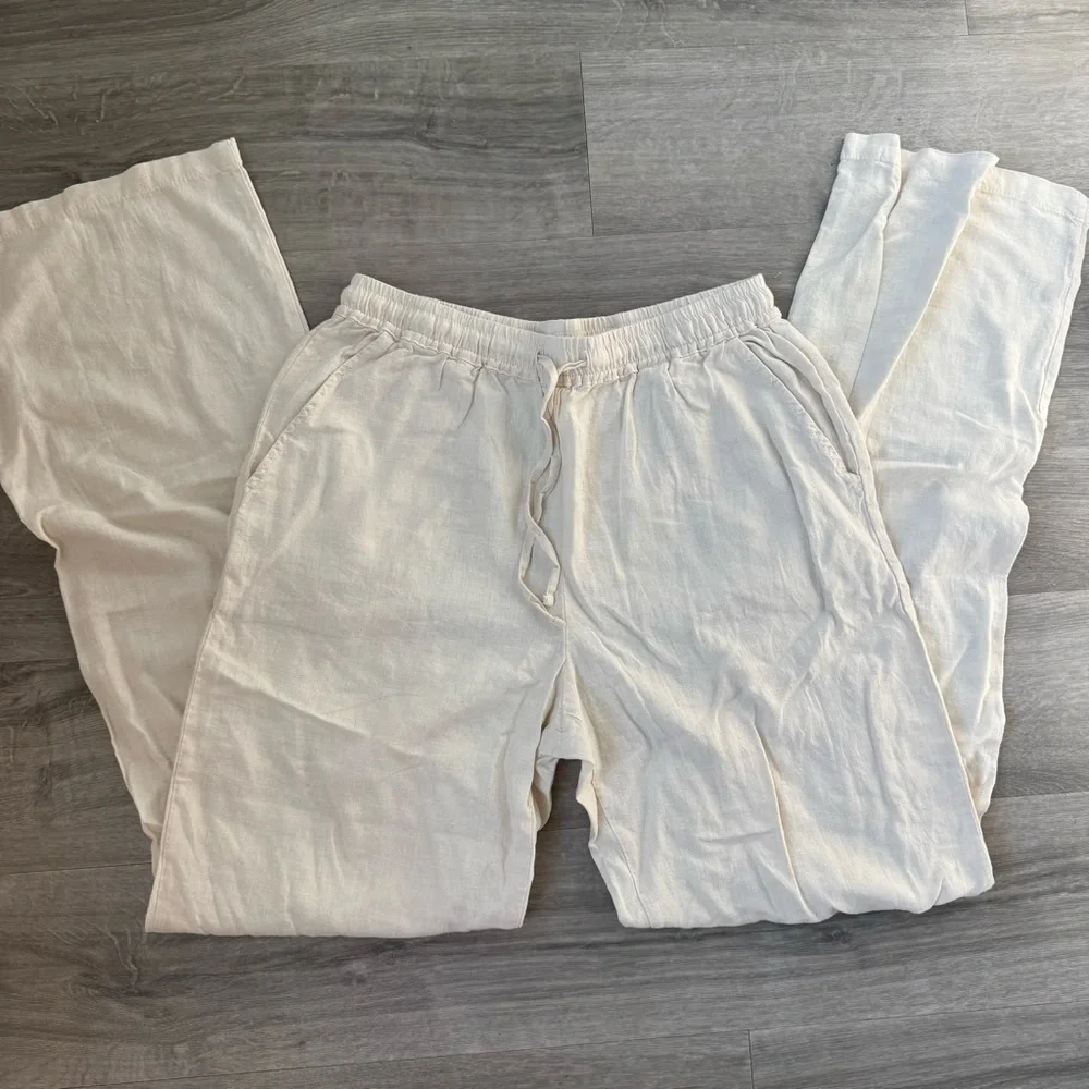 Cream high waist Linen Pants - Picture 1 of 4